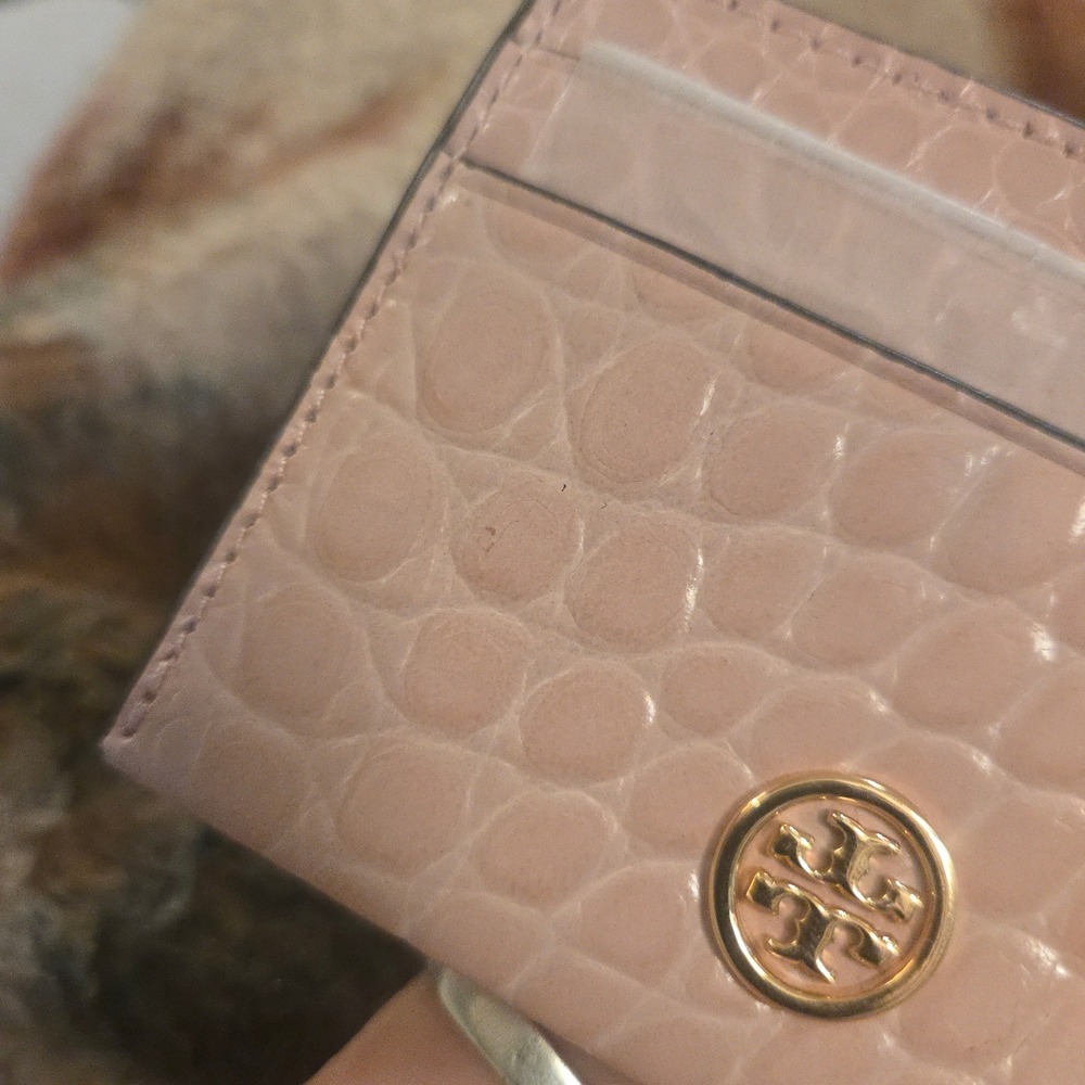 NEW Tory Burch Women Card Case Pink Embossed Leather GOLD LOGO CROC SLIM WALLET - Picture 6 of 6